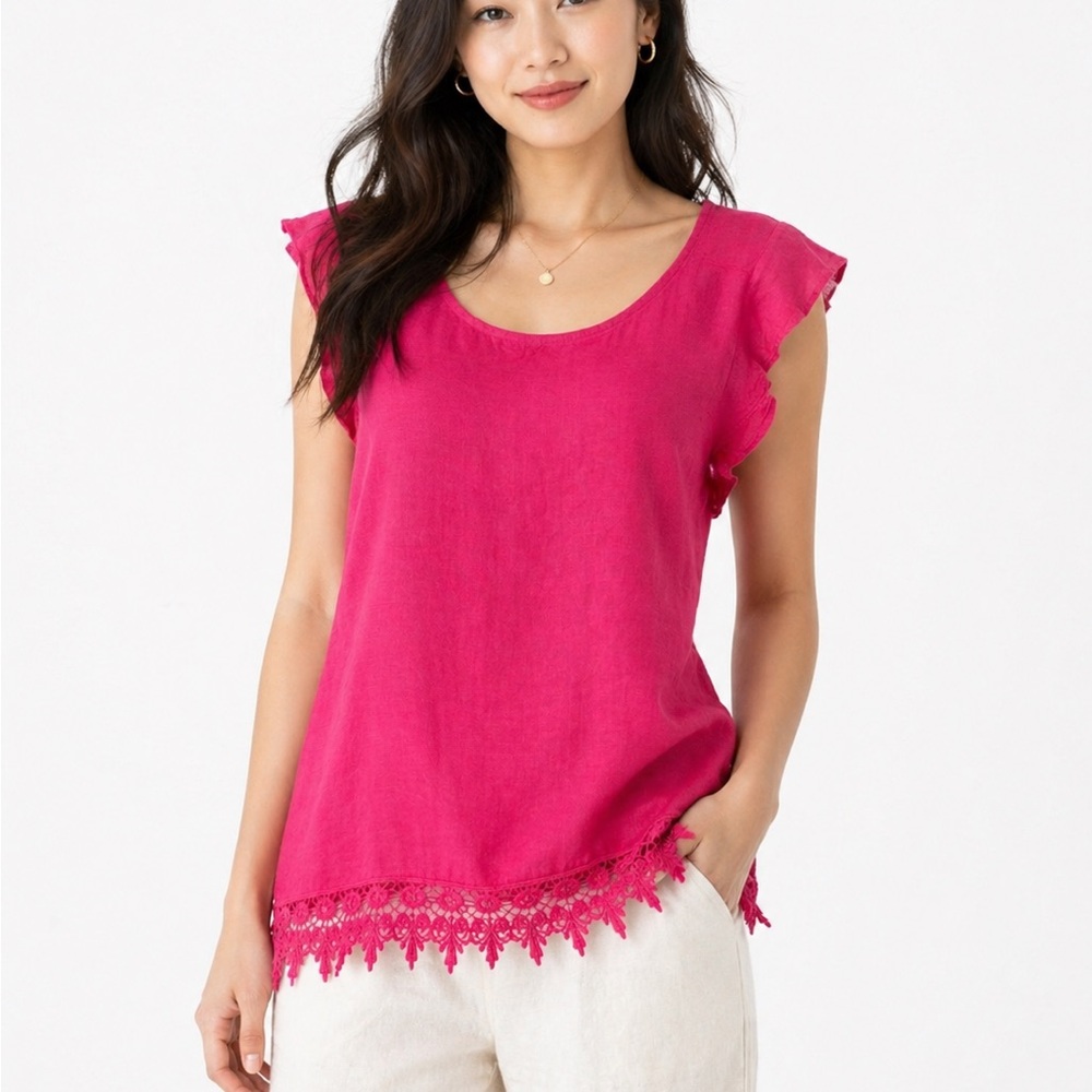 Lace-Hem 100% linen Fuchsia Cap-Sleeve Top